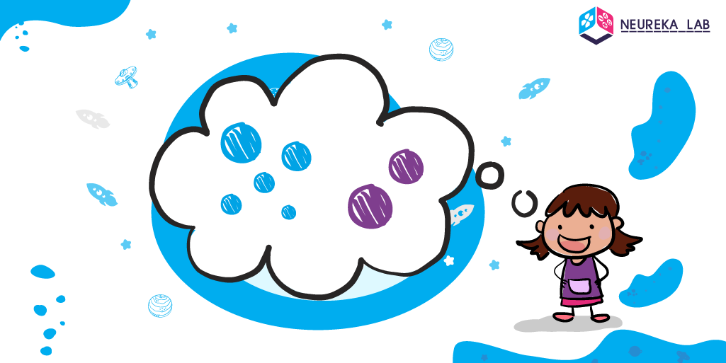 Nena distingint un grup de cinc objectes i un grup de dos objectes.