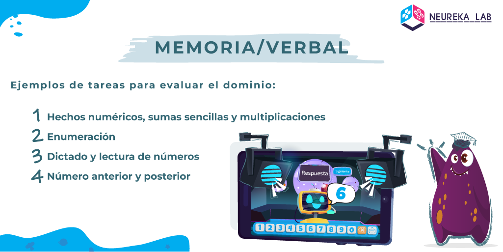 Ejemplos de tareas para evaluar el dominio 'memoria/verbal': hechos numéricos, sumas sencillas y multiplicaciones; enumeración; dictado y lectura de números; número anterior y posterior.
