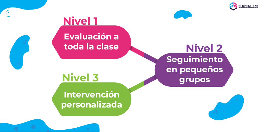Los tres niveles de la respuesta a la intervención: Nivel 1. Evaluación a tota la clase; Nivel 2. Seguimiento en pequeños grupos; Nivel 3. Intervención personalizada.